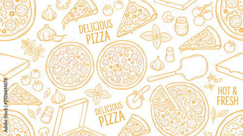 Hand drawn pizza pattern vector illustration banner for Italian restaurant menu background design