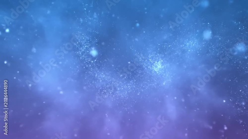 Floating particles and magical light bokeh effect in deep blue space.