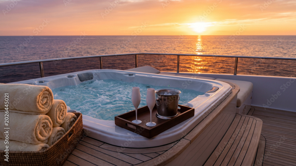Obraz premium Luxury Yacht Jacuzzi with Ocean Sunset View