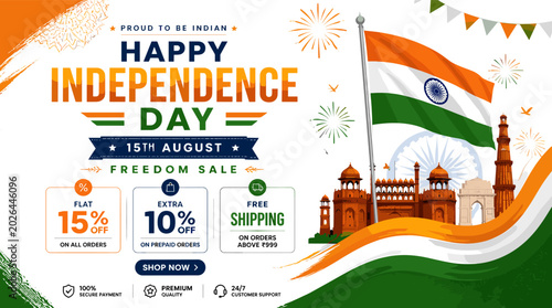Εκτύπωση καμβά Happy Independence Day India Freedom Sale with 15% off, extra 10% off, and free shipping, featuring the Indian flag and historical monuments