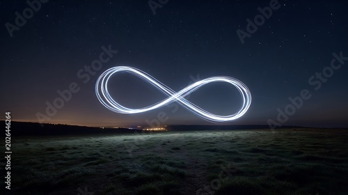 Infinity symbol made with light painting in a dark night sky representing eternity and endless possibilities perfect for abstract concepts and backgrounds