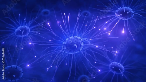 Abstract glowing neurons firing electrical impulses in a dark blue digital network.