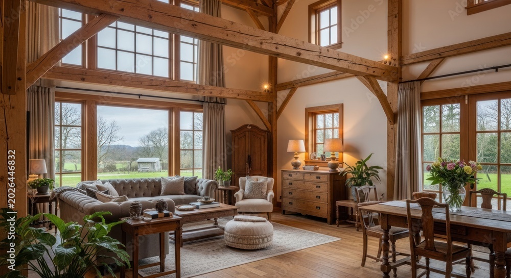 Fototapeta premium Rustic Timber Frame Living Room with Panoramic Countryside Views and Cozy Ambiance