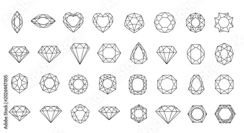Technical outlines of various gemstone and diamond cuts showcasing different geometric facets and luxury jewelry design styles.