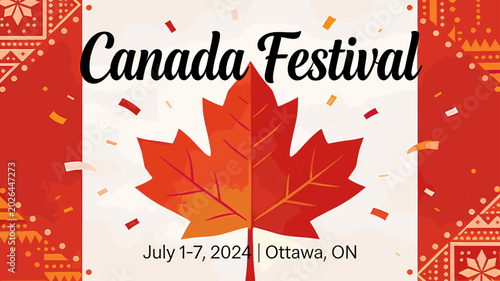 Tableau sur toile Vibrant banner for the Canada Festival in Ottawa, featuring a large red maple leaf, festive confetti, and traditional patterns, celebrating Canadian culture from July 1-7, 2024
