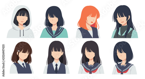 Collection of female student avatars with various hairstyles and school uniforms in a modern anime and flat design style.