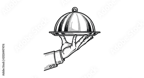 Detailed vintage style ink sketch of a waiter hand elegantly holding a polished silver serving tray with a dome cloche lid.