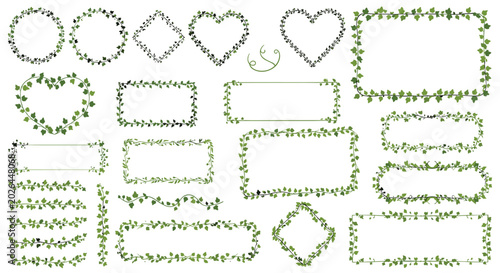 Collection of decorative frames and borders made of green ivy leaves in shapes like hearts circles and rectangles for natural wedding themes.