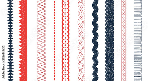 Various decorative sewing and embroidery stitch patterns including zigzag, wavy, and intricate lace border designs.
