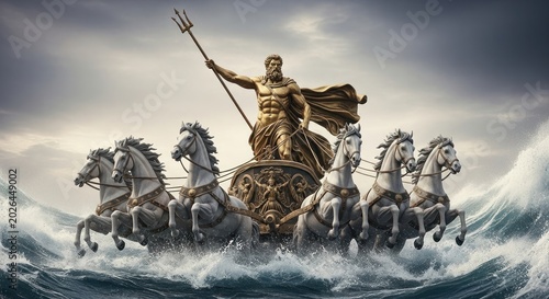 Majestic Golden Statue of Poseidon Riding a Chariot Pulled by White Horses Through Crashing Waves