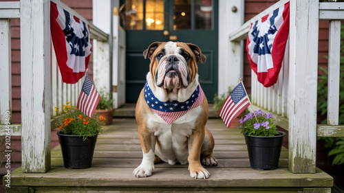 A brown and white bulldog sitting on a wooden porch with American flags and flowers