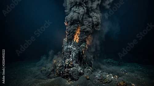 Deep Sea Hydrothermal Vent Black Smoker Erupting Ocean Floor Abstract Background