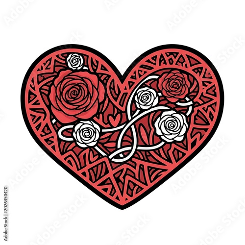 Ornate red heart with roses and Celtic knotwork details