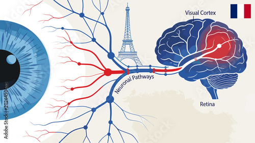 Fotografie Illustration of the human visual system, from the eye to the visual cortex, with the Eiffel Tower symbolizing France