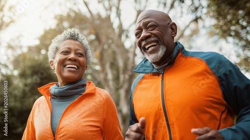 Happy senior couple running together in a park, enjoying an active healthy lifestyle