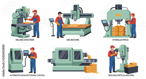Industrial machines, manufacturing equipment, factory tools, milling machines, industrial automation