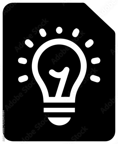 Solid black filled icon of a survey example lightbulb with number one inside surrounded by rays on a white background symbolizing idea and innovation