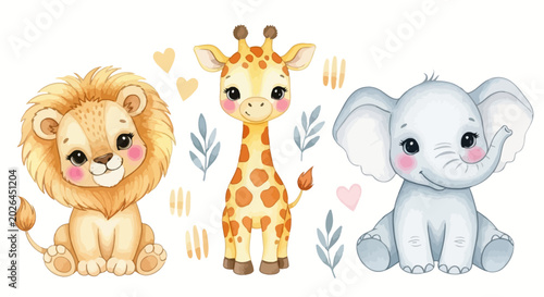 Photography Cute safari animals, lion, giraffe, elephant illustrations, colorful cartoon cha