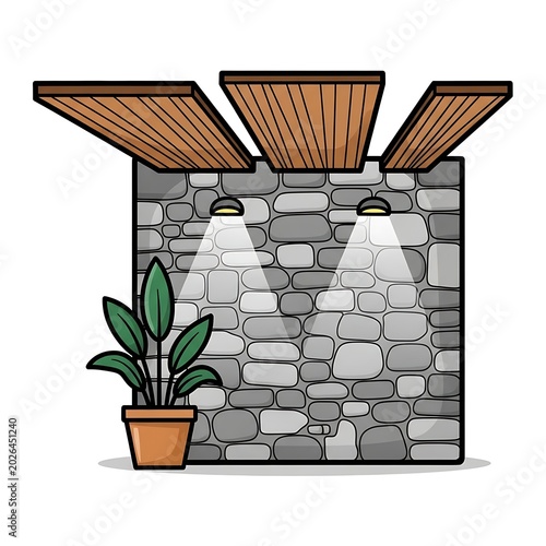 Stone wall with wooden beams overhead, illuminated by spotlights, and a potted plant