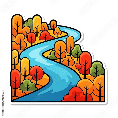 Stylized autumn woodland scene with a winding river