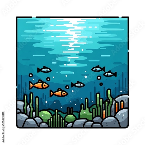 Stylized underwater scene with small fish, plants, and sunlight reflection