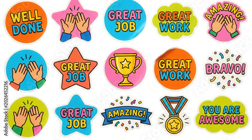 Collection of colorful reward stickers with motivational phrases like Great Job Well Done Bravo Amazing You Are Awesome