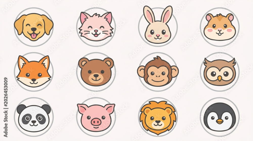 Fototapeta premium Collection of Cute Cartoon Animal Faces Icons.