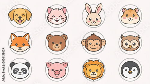 Photography Collection of Cute Cartoon Animal Faces Icons.