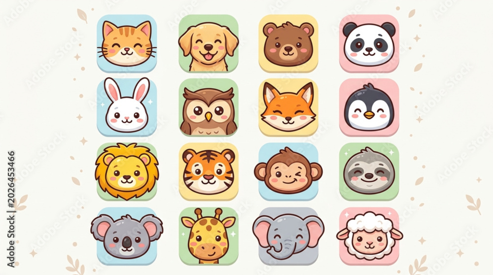 Fototapeta premium Collection of Cute Cartoon Animal Faces Icons.