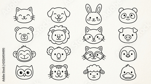 Photography Collection of Cute Hand Drawn Animal Faces Doodle Style.