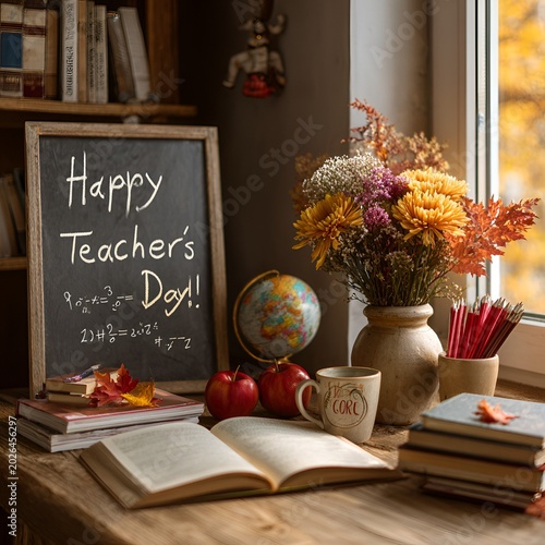 Happy Teacher's Day! Greeting card for Teacher's Day. School board, autumn leaves, globe, and stationery. Autumn festival.
