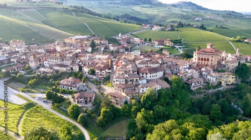Принти на полотні Aerial View of Barolo Village and Vineyards in Piedmont Italy