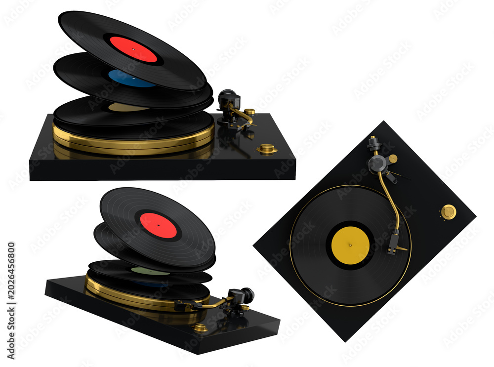 Fototapeta premium Set of colorful vinyl record players with black tonearms and vinyl records, isolated on white background, concept of music