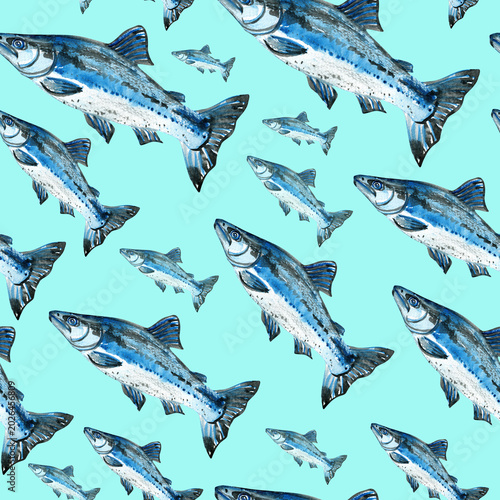 Bild auf Leinwand Sea fish salmon seamless pattern on blue background