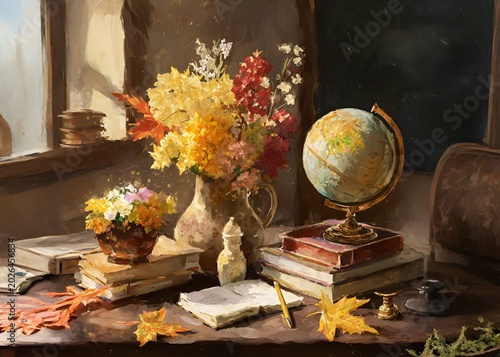 Happy Teacher's Day! Greeting card for Teacher's Day. School board, autumn leaves, globe, and stationery. Autumn festival.