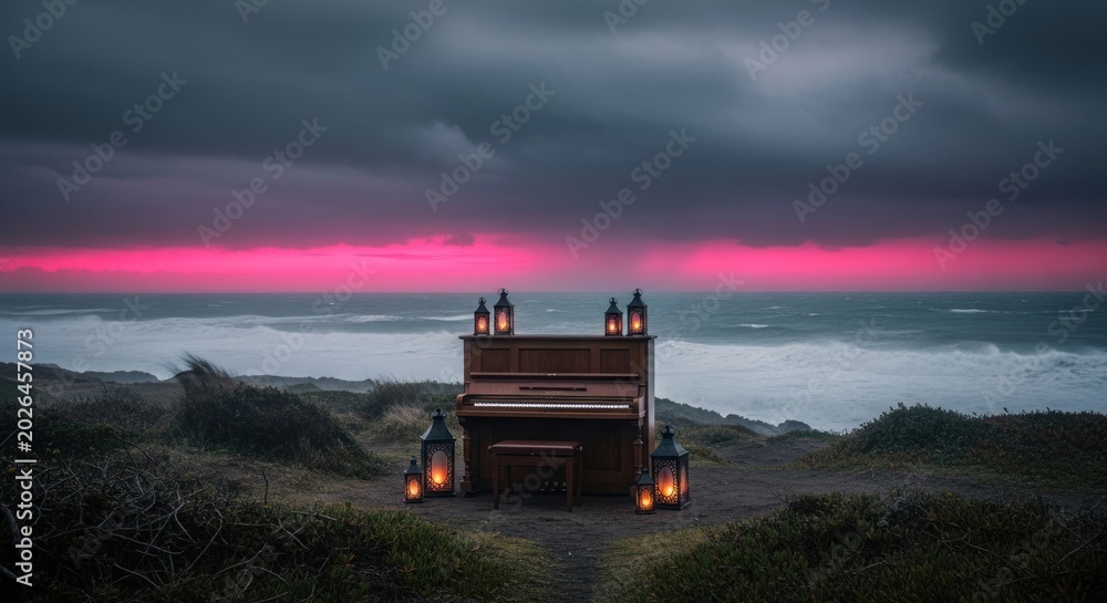 Naklejka premium Coastal Piano Under a Dramatic Pink Sunset, Illuminated by Lanterns