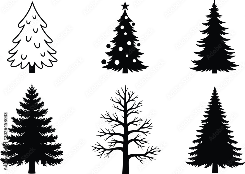 Obraz premium Christmas and pine tree silhouette set featuring decorative fir, evergreen and leafless trees, black nature icons isolated on white background