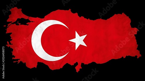Vibrant Red Turkish Flag with White Star and Crescent, Textured Fabric Background, National Pride Symbol, Detailed Map Outline