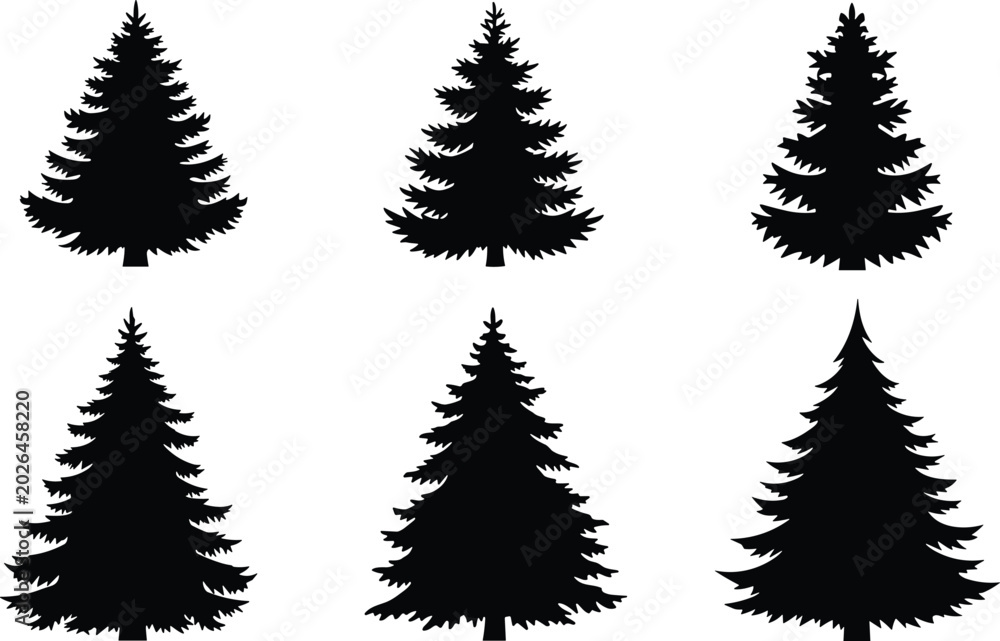 Obraz premium Evergreen pine tree silhouette collection featuring fir forest trees, black nature vector icons set isolated on white background
