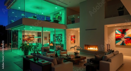 Contemporary Luxury Home Interior at Night with Striking Green Ambient Lighting, Glass Walls, and Warm Fireplace