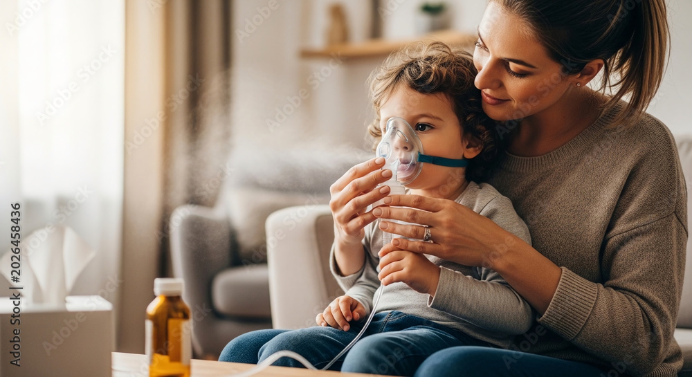 Naklejka premium A caring mother helping her young son use a nebulizer mask for asthma or respiratory treatment at home in a bright and cozy living room setting.