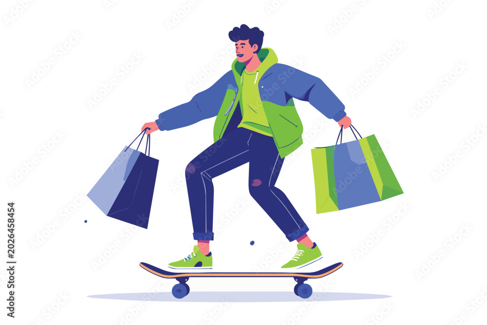 Obraz premium Young man riding skateboard with shopping bags in hands, Urban lifestyle