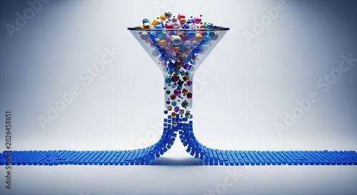 3d rendering of a glass funnel processing various colorful geometric shapes into a uniform stream of blue cubes, representing data processing and transformation