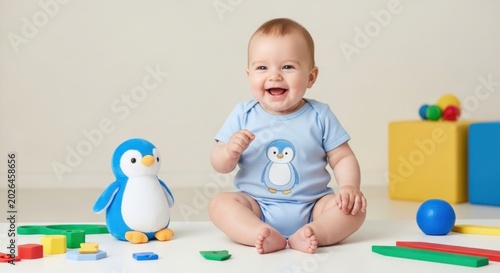 Joyful Baby in Penguin Onesie Surrounded by Colorful Educational Toys