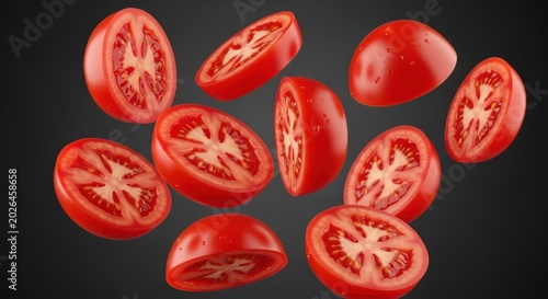 Dynamic Red Tomato Halves with Water Droplets Falling on Dark Background, Fresh Food Photography