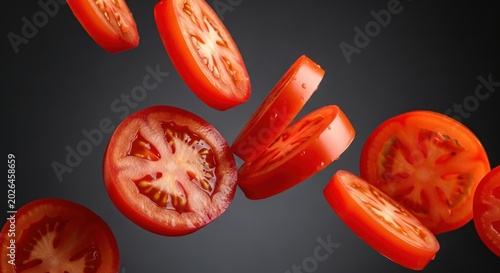 Sliced Tomatoes in Mid-Air: Vibrant Red Against Dark Backdrop, Fresh and Appetizing
