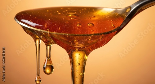 Golden Honey Dripping from Spoon: Macro Close-up, Delicious, Sweet, Texture, Bubbles.