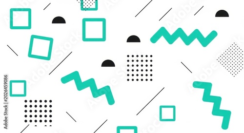 Retro Memphis Style Geometric Pattern with Teal and Black Shapes.