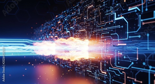 Abstract digital technology background with glowing circuit board lines and energy burst, highspeed data transmission, futuristic computing concept, 3d render