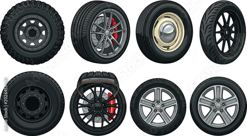 Photos Car Wheel and Automobile Tire Vector Set Featuring Alloy Rims Brake Discs Offroa